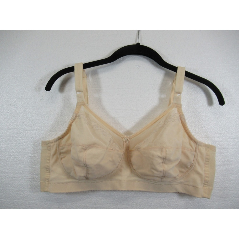 Vintage 60s 70s Goddess Unlined Embroidered Bra 42B Beige Wireless Soft Cup